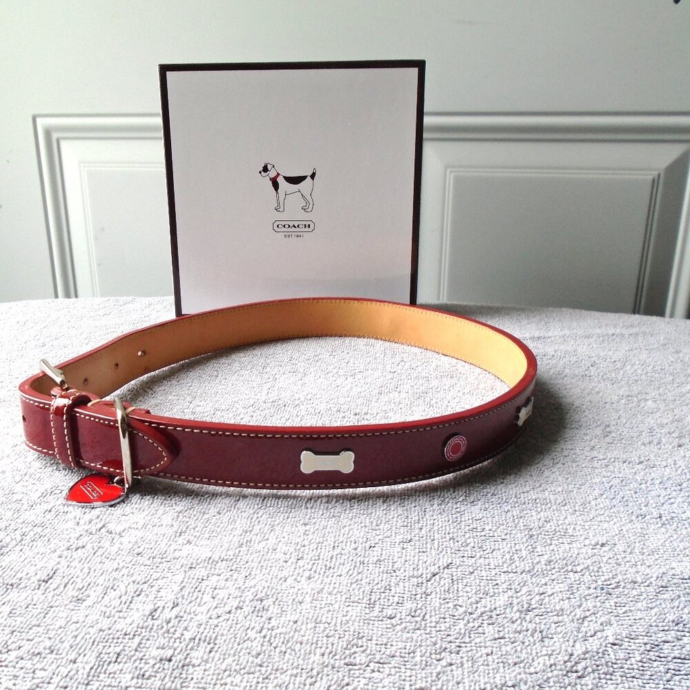 NEW VINTAGE Y2K COACH RED PATENT LEATHER HEART BONE CHARMS DOG COLLAR 60064 XL